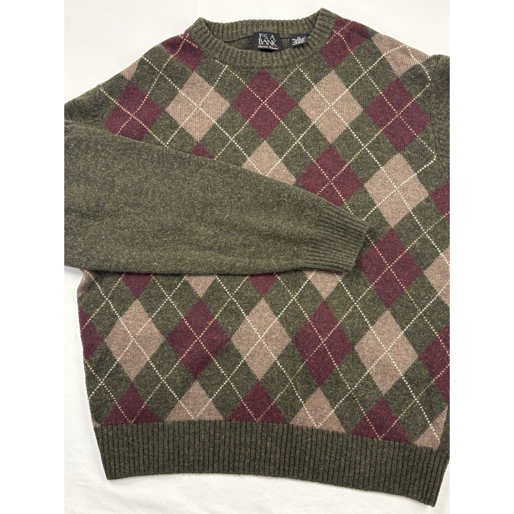 VTG Jos A Bank Lambswool Argyle Crew Neck Sweater Charcoal/Green/Maroon/Ivory XL